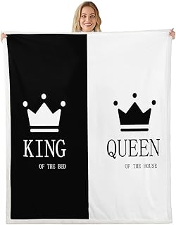 Crown Queen and King Plush Blanket His and Hers Matching Couple Sherpa Blanket Lover Romantic Valentine's Day Presents Fleece Throw Blanket Black and White Fuzzy Blanket Room Decor Throw 50x60 Inch