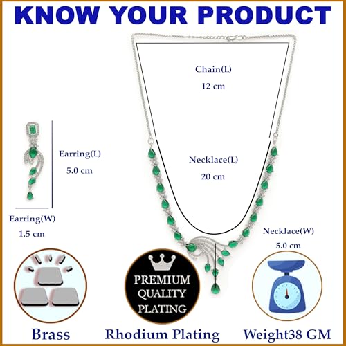 Image of ZENEME Rhodium Plated Silver Toned American Diamond Studded Paisley Necklace With Earrings Jewellery Set For Women & Girls