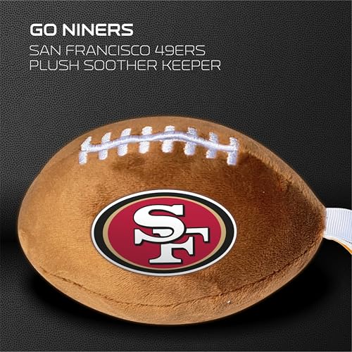 Image of San Francisco 49ers Plush Football Pacifier Holder by Smilo - Officially Licensed NFL Soother Holder - Soft Plush Toy and Dummy Holder - Fits Any Pacifier - Stroller Accessory & Newborn Essential