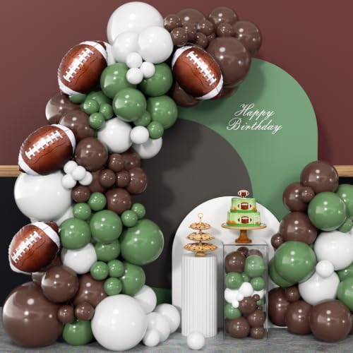 JUNXIAUP Football Balloon Arch Kit 158Pcs with Football Balloons Sage Green Coffee Brown Balloon Garland Arch Kit for Touch Down Rugby First Down Birthday Tailgate Sports Game Theme Party Decorations