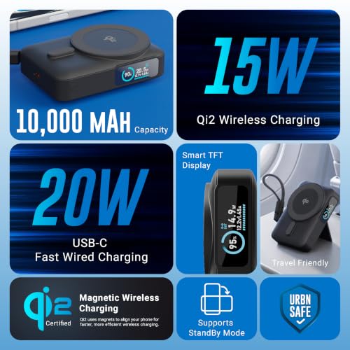 Image of URBN 10000mAh Flux Qi2 MagSafe Power Bank with Ai Powered Smart TFT Display | 15W Magnetic Fast Wireless Charging | 20W USB-C in-Built Cable for Charge & Recharge | Travel Friendly (Black)