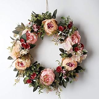 Peony Spring Wreath for Front Door, Handmade Pink Floral Wreath Artificial Spring Garland Wreath for Front Door Wall Wedding Party Home Deco
