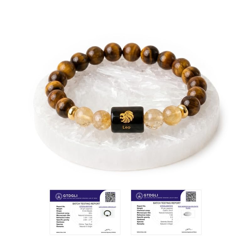 Image of Astrotalk Zodiac Bracelet with Raw Selenite Plate | Healing Crystals for Protection & Emotional Balance | Citrine & Tiger Eye | Bracelet for Man & Woman | Gift for Man & Woman