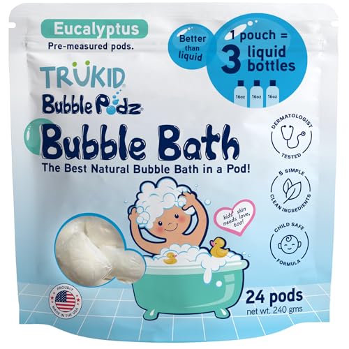 Image of TruKid Bubble Podz Bubble Bath for Kids, Toddlers, & Babies, Tear Free Gentle & Refreshing Bath Bomb for Sensitive Skin with Natural Moisturizers, Non-Toxic, pH Balanced, Eucalyptus Scent (24 Podz)