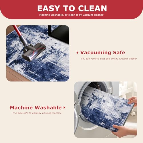 KOZYFLY Modern Abstract Runner Rug 2x6 Navy Blue Runners for Hallways Kitchen Rug Non Slip Washable Carpet Rug Runner Laundry Mat with Soft Low Pile for Entryway Bathroom Bedroom Kitchen