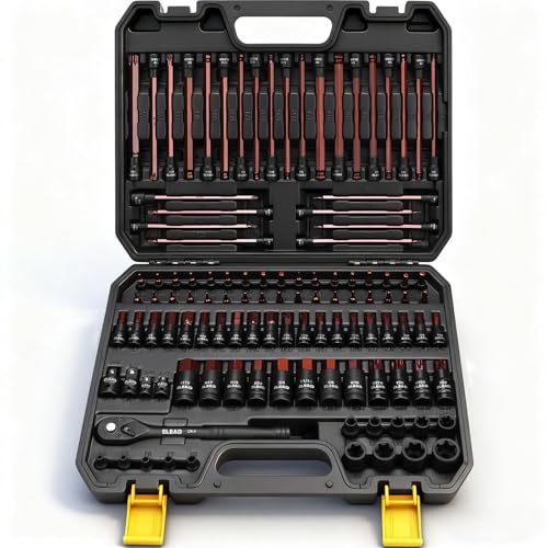 112-Piece Torx and Allen Bit Socket Set 1/4 3/8 1/2 Drive Bit Socket Set with Ratchet Wrench Adapters Extra Long & Tamper Proof torx/Hex/Ball End Hex/E-torx SAE & Metric