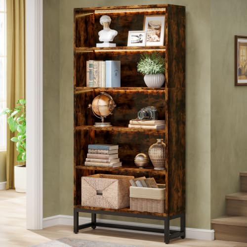 Image of Tribesigns Tall Bookcase and Bookshelf, 70.8 inch Large Bookcases Organizer with LED Lights, Heavy Duty Free-Standing Library Bookshelf with 5-Tier Storage Shelves for Living Room, Bedroom (Rustic Brown)
