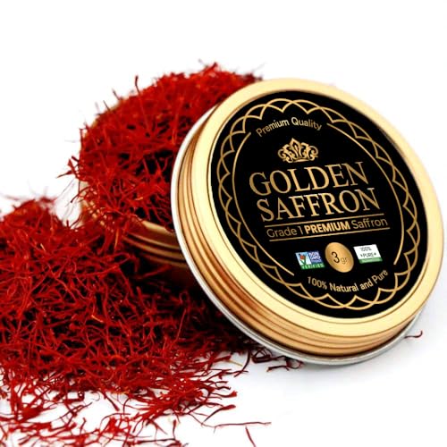 Golden Saffron, Finest Pure Premium All Red Saffron Threads, Grade A+ Super Negin, Non-GMO Verified. For Tea, Paella, Rice, Desserts, Golden Milk and Risotto (3.0 Grams)