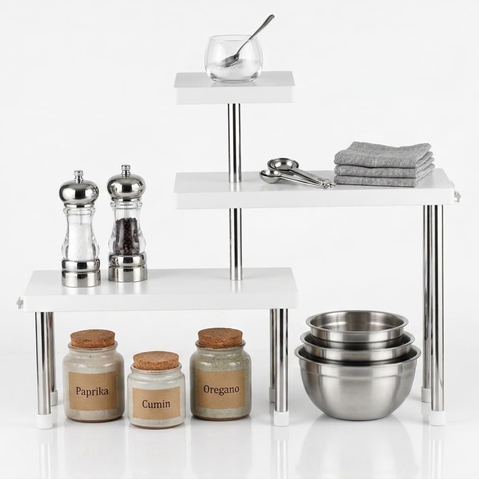 Image of U-Max 3-Tier Multipurpose Corner Kitchen Rack, 3 tier kitchen shelf, Space Saving Countertop Shelf Organizer for Spice Jars, Containers, Cups & Cooking Essentials (White)