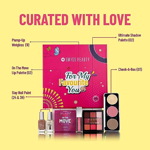 Image of Swiss Beauty BFF Forever Gift Set for Rakhi | Ultimate Eyeshadow |Slay Nail Paint | Plump-Up Wetgloss | On The Move Lip Palette | Cheek-A-Boo | 51gm