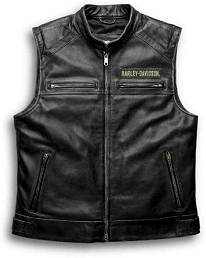 Mens Real Leather Passing Link Biker Vest Black2