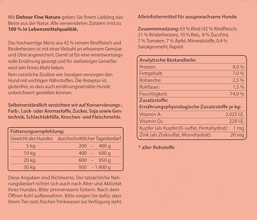 Dehner Fine Nature Hundefutter, Nassfutter in Lebensmittelqualität, für ausgewachsene Hunde, Rind, 6 x 400 g Dose (2.4 kg)