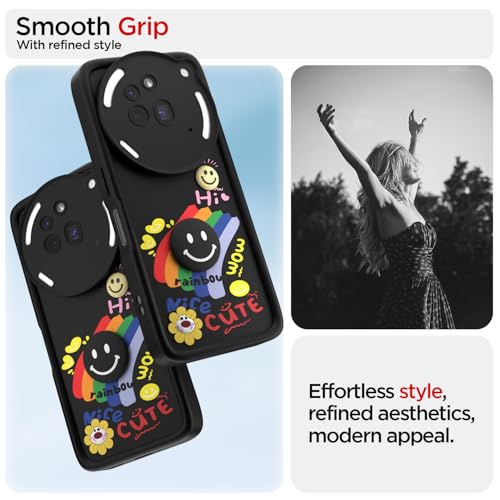 Image of Pikkme Back Cover for Nothing Phone 3a Pro 5G | Soft Silicone| Cute Rainbow Smile & 3D Cartoon Flower Design | Shockproof Raised Camera Protection Bumper Case (Black)