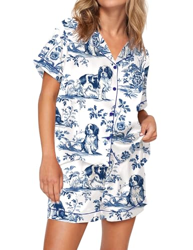 Image of SHESHOW Satin Pajamas for Women Set Preppy Animals Pjs Short Sleeve Shorts 2 Piece Loungewear Sets XS-XXL