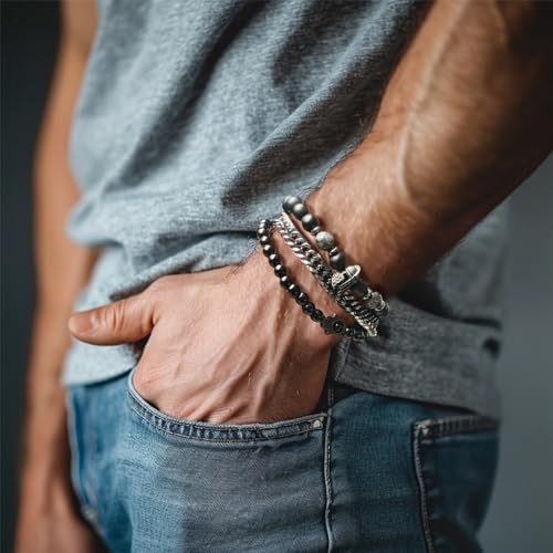 3pc Mens Beaded Bracelets Silver Stainless Steel Chain Bracelet for Men Handmade Braided Bracelet Sets Jewelry Gifts for Men3