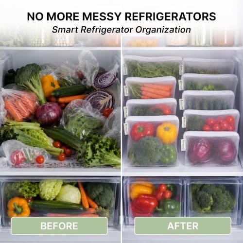 Image of DALUCI Vegetable Bags for Fridge Set of 12 Reusable Fridge Storage Bags for Vegetables and Fruits with Zipper Dual Layer Mesh Vegetable Storage Bags Multi Size Refrigerator Organizer Bags (White)