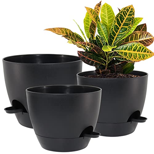 Uouz 10/9/8 Inch Self Watering Pots, Set Of 3 Plastic Planters With Mesh Drainage Holes And Deep Reservoir For Indoor Outdoor Garden Plants And Flowers, Black #TOP4