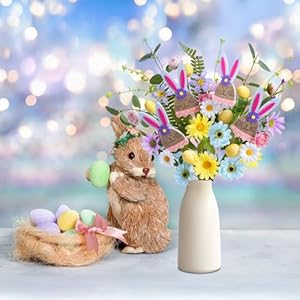 Easter Decor Wildflower 4pcs Artificial Easter Egg Picks with Rabbit Faux Silk Sprays Stems Daisy Bunch Fake Spring Floral Arrangements for Home Centerpiece Vase Windowsill Decor and Celebration
