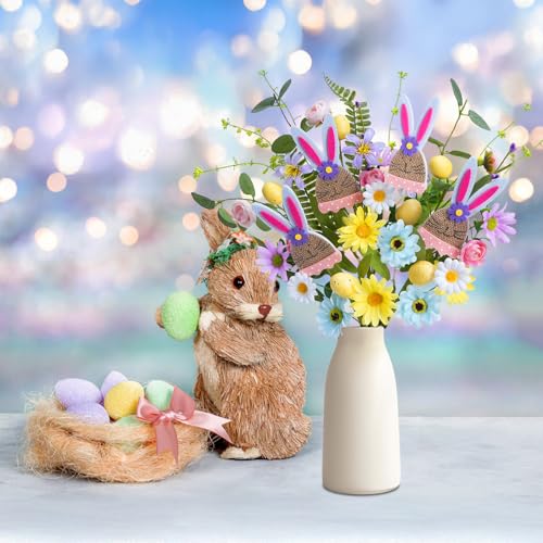 Easter Decor Wildflower 4pcs Artificial Easter Egg Picks with Rabbit Faux Silk Sprays Stems Daisy Bunch Fake Spring Floral Arrangements for Home Centerpiece Vase Windowsill Decor and Celebration