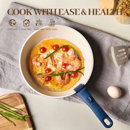 Image of 23Pcs Ceramic Cookware Set Non Stick Pots and Pans Set Non Toxic with Detachable Handle Induction Kitchen Cookware Set Space Saving, Oven & Dishwasher Safe, Navy Blue