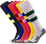 Soccer Socks for Toddler Knee High Colorful Stripe Cushioned Sports Socks 6 Pack (Hot Pink + Orange + Yellow + Black + White + Royal Blue)