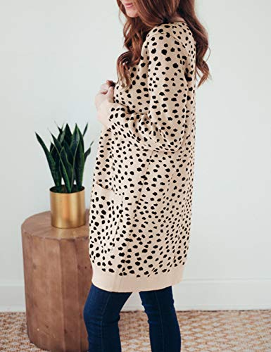 MEROKEETY Women's Open Front Knit Cardigan Winter Fall Sweater Dots Long Sleeve Pockets Coat Outwear, Khaki, S