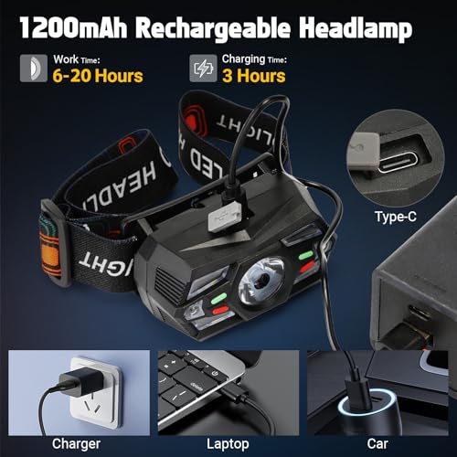 Linterna frontal recargable LED de 2000 lúmenes con sensor e impermeable, luz roja, 4 piezas 4