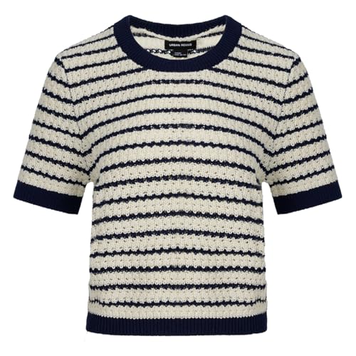 Image of URBAN REVIVO Women's Short Sleeve Sweaters Crewneck Knit Tops Casual Striped 2025 Trendy Soft Summer Blouses