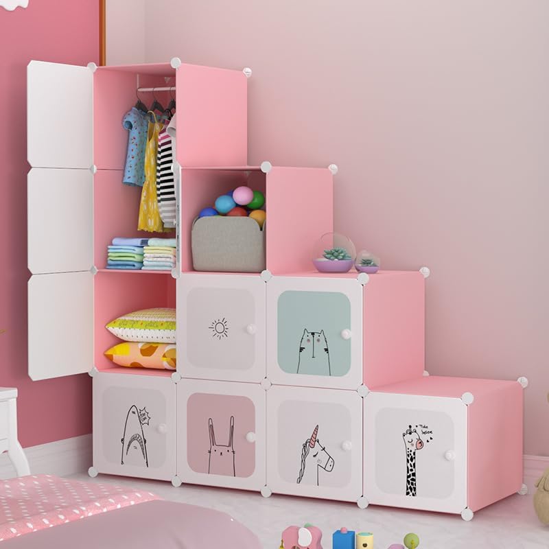 Image of AYSIS Almirah for Clothes,Plastic Soft Sheet Collapsible Wardrobe for Clothes for Kids Clothes /Toy /Book, Baby Cupboard for Clothes Storage in Bedroom Nursery,Cartoon (Pink, 12-Shelf-12-Door)