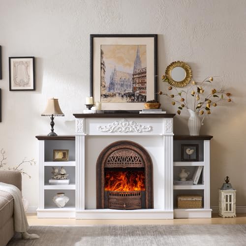 Image of 78 inch Electric Fireplace with Mantel, Fireplace Heater Entertainment Center with Storage,TV Stand with 30'' Fireplace for TVs Up to 90 Inch,Fireplace Insert for Living Room, Bedroom-Bronze Heater