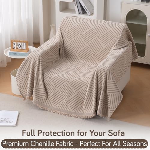 Image of HOKIPO Printed 320 GSM Chenille Sofa Cover Throw Blanket for 1 Seater Sofa - All Season, 'Serene Abode Series' Beige Geo Weave (180x180 cm) (AR-6631-D7)