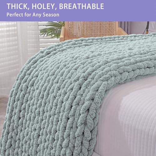 Bigacogo Chunky Knit Throw Blanket for Couch, 51x63 inches, 100% Hand Knitted with Thick Jumbo Chenille Yarn, Cozy Soft Large Rope Knot Cable Crochet Blankets for Sofa Bed Living Room, Misty Green