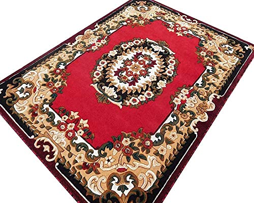 Image of Beautiful Floral Design Silk Touch Rectangular Carpet For Living Room Bedroom And Home With 1 Inch Thickness - 5 X 7 Feet (150 X 200 Cm) Red Colour.