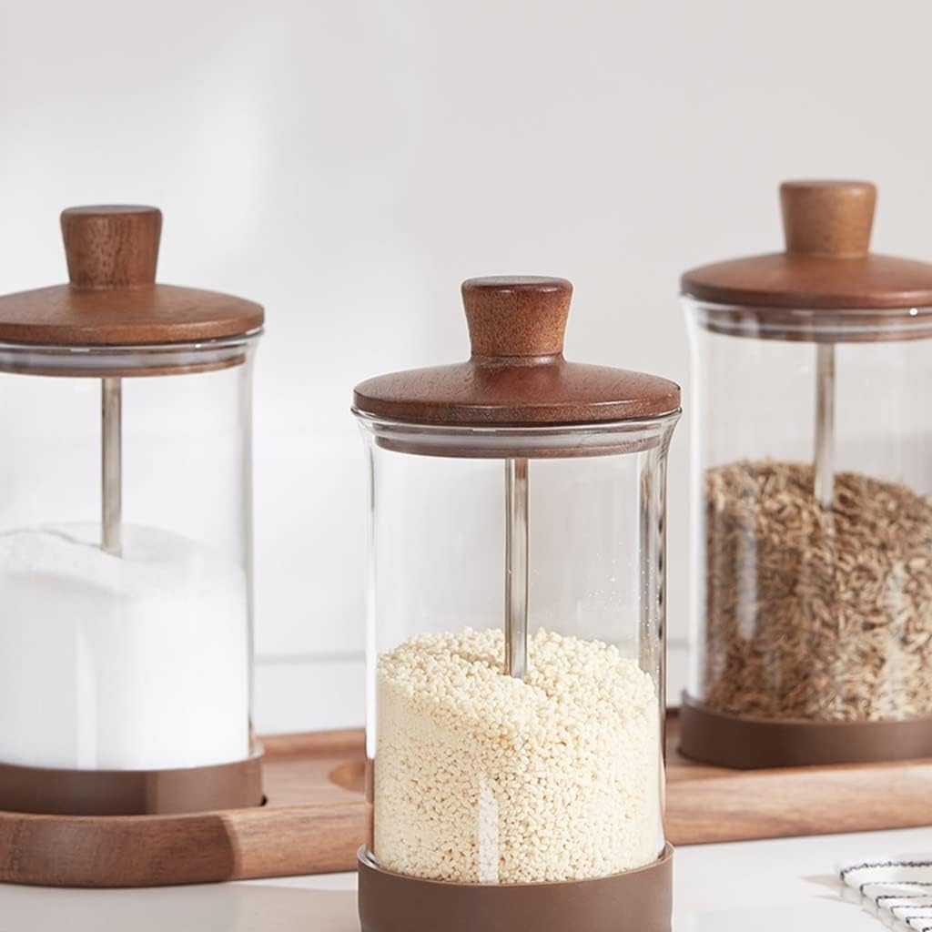 Salero Y Azucarero Cocina Juego De Botellas Vidrio Para Condimentos Con Cuchara Y Bandeja Tapa Madera, Tarro Para, Caja Para Sal, Cocina Casera Caja De Almacenamiento