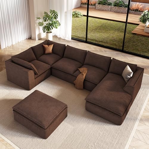 Image of Vesgantti 141.7 inch Oversized Boneless Modular Sectional, 7 Seat Cloud Sofa with Ottoman, Chaise & Armrest, Deep Seat Corduroy Couch for Living Room, No Assembly Needed, Dark Brown
