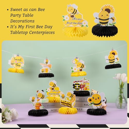Image of 9pcs Happy 1st Bee Day Honeycomb Centerpieces Bumble Bee First Birthday Party Table Decorations It's My 1st Bee Day Table Centerpieces for Boy Baby Shower Sweet as can Bee Table Topper Sign Decors