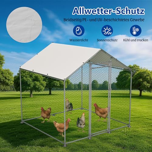 Thanaddo Hühnerstall Metall Freilaufgehege, 2x2 m Freilaufgehege Hühner mit PE-Tuch, Verzinkter Stahl Kleintierstall mit Riegelsystem-Tür für Hühner Haustierkäfig Hühnerkäfig Kleintiere Garten