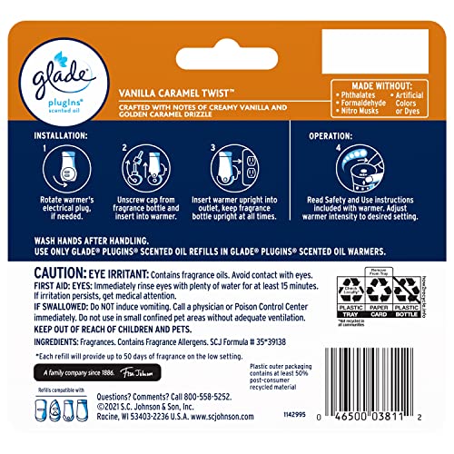 Image of Glade PlugIns Refills Air Freshener, Scented and Essential Oils for Home and Bathroom, Vanilla Caramel Twist, 3.35 Fl Oz, 5 Count