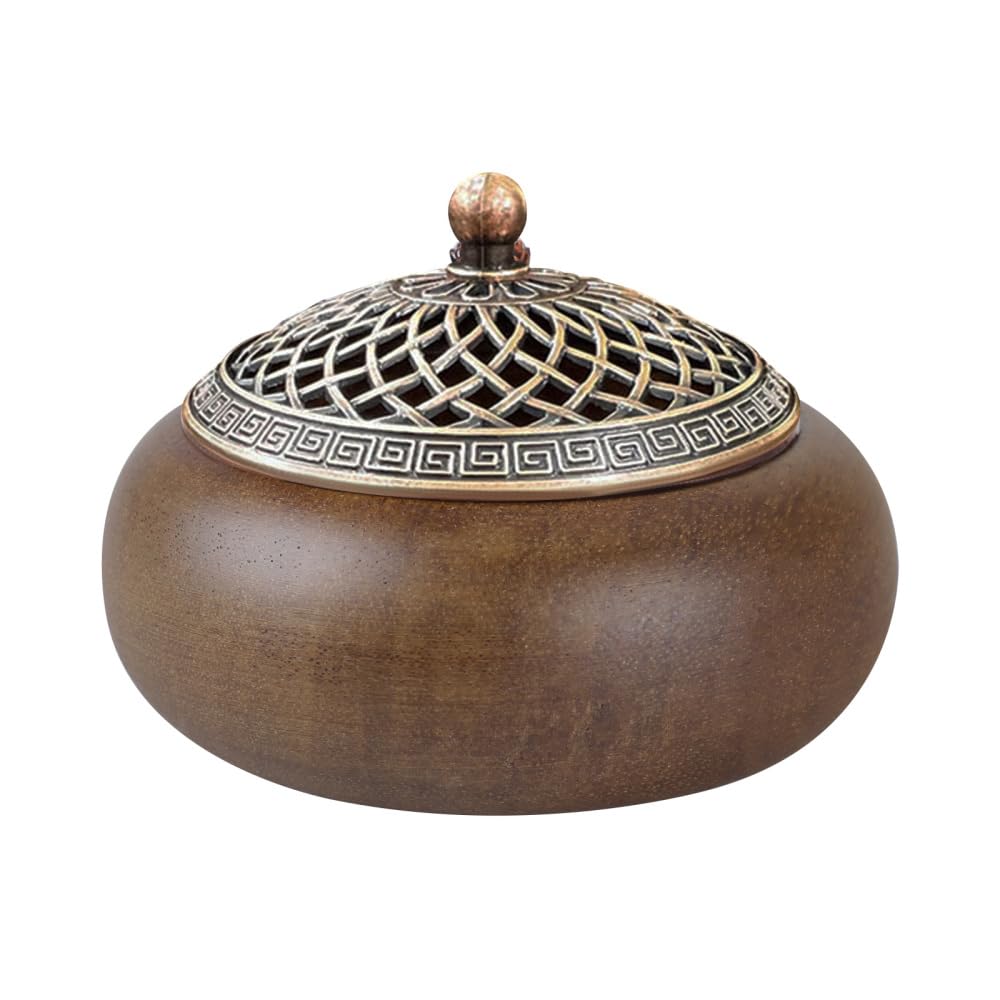 Incense Burner, Walnut Incense Cone Holder Relief Incense Bowl with Incense Holder & Fireproof Mat for Incense/Cone/Coil/Sticks