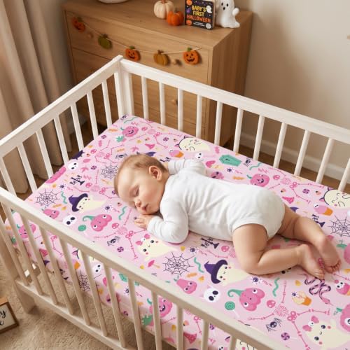 Image of JISEN Halloween Fitted Crib Sheets for Boys Girls 52x28 Inch Skeleton Pink