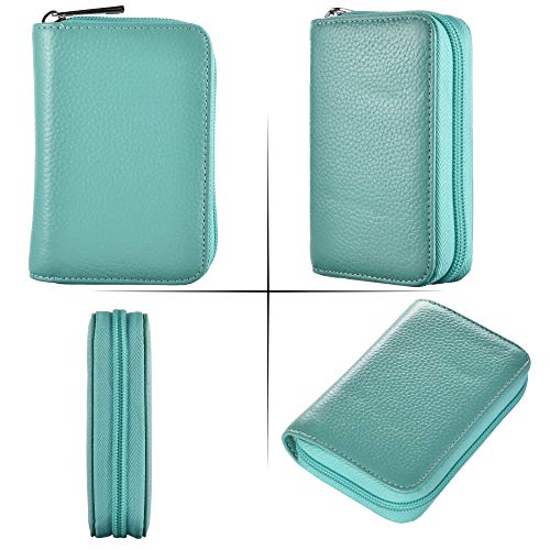 Image of Easyoulife Genuine Leather Credit Card Holder Zipper Wallet with 26 Card Slots (Teal)
