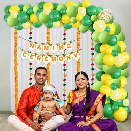 Image of Party Propz Naming Ceremony Decoration Kit - 54Pcs Banner, Backdrop, Green and Yellow Balloons for Baby Girl Baptism