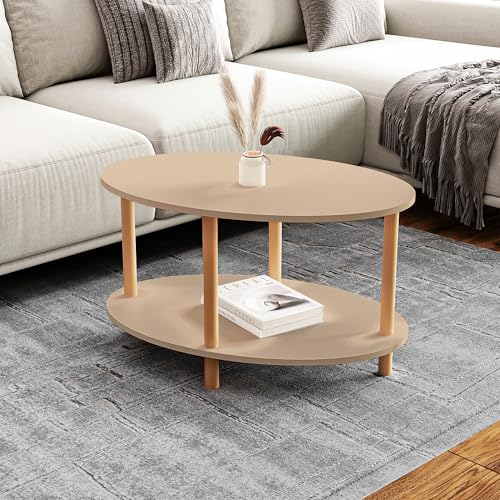 [en.casa] Table Basse Ovale avec Surface de Rangement Meuble de Salon Design Panneau de Particules Bois de Hêtre 43 x 70 x 44 cm Cappuccino Naturel