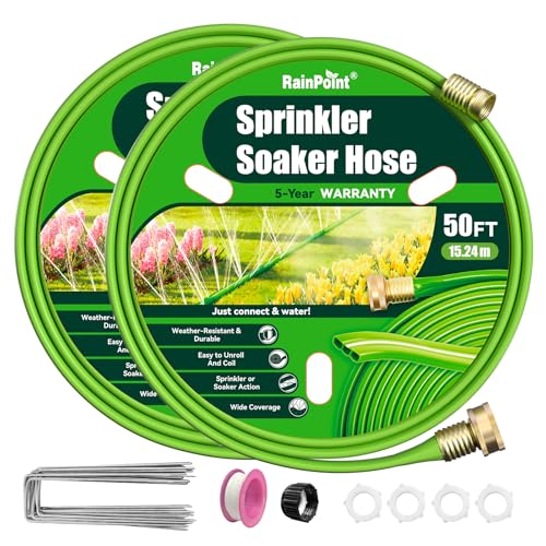 RAINPOINT Sprinkler Hose with Holes 100FT Flat Soaker Hose with Stakes Lightweight Water Irrigation Sprinklers System for Garden Lawn and Yard(50FT 2Pack)