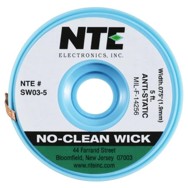 Image of NTE Electronics SW03-5 No-Clean Solder Wick with Anti-Static Bobbin, #3 Green, .075 inch Width, 5' Length