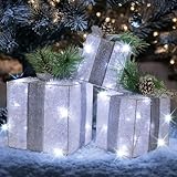 Hourleey Set of 3 Christmas Lighted Gift Boxes, Pre-lit 60 LED Light Up Present Boxes Ornament Outdoor White Tinsel Boxes Decoration for Indoor Christmas Home Yard Lawn Decor