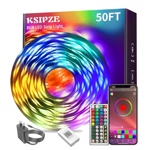 KSIPZE Led Lights for Bedroom 50ft Led Strip Lights with Remote RGB Color Changing Music Sync Smart App Control for Room Bedroom Lighting Flexible Home Décor
