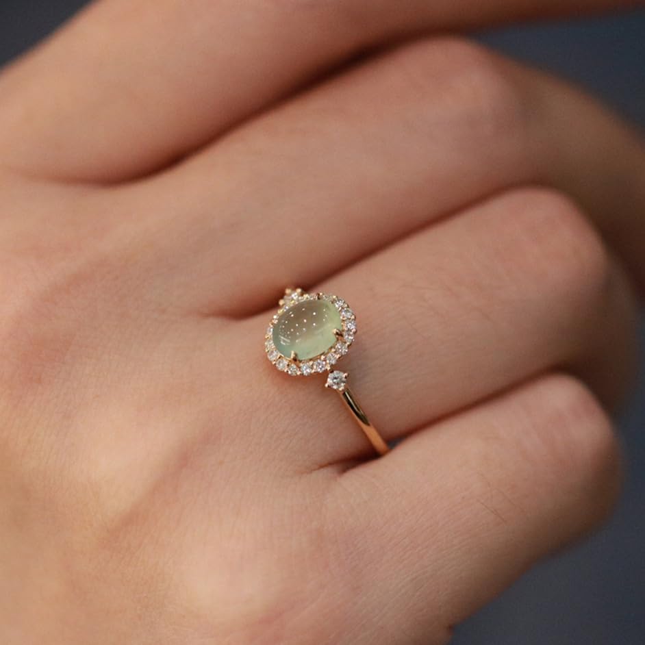 ZDIFDIC Pale Green Jade Ring for Women Vintage Oval Gemstone 18K Gold Ring Cubic Zirconia Wedding Engagement Single Stone Jade Halo Ring Open Adjustable Ring for Her4