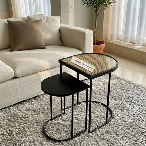 Image of Charcoal Rattan Cane Side Table with Glass top - Bohemian Solid Mango Wood Cane Iron Sofa Side end Table - Wood and Cane Nesting Table S#047 (Charcoal Black)