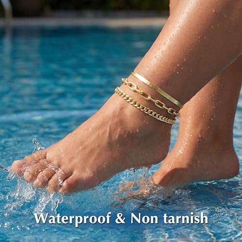 Image of Extra Large Anklets for Women Waterproof, 14K Gold Plated Stack Anklets for Women Plus Size, 10 inch+2 inch Non Tarnish Large Ankle Bracelets for Women, Summer Big Ankles Set, Beach Bikini Vacation Jewelry